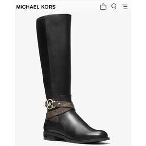 Michael Kors Riding Boots Women’s 9.5M Black Leather Tall Knee High MK Logo Zip